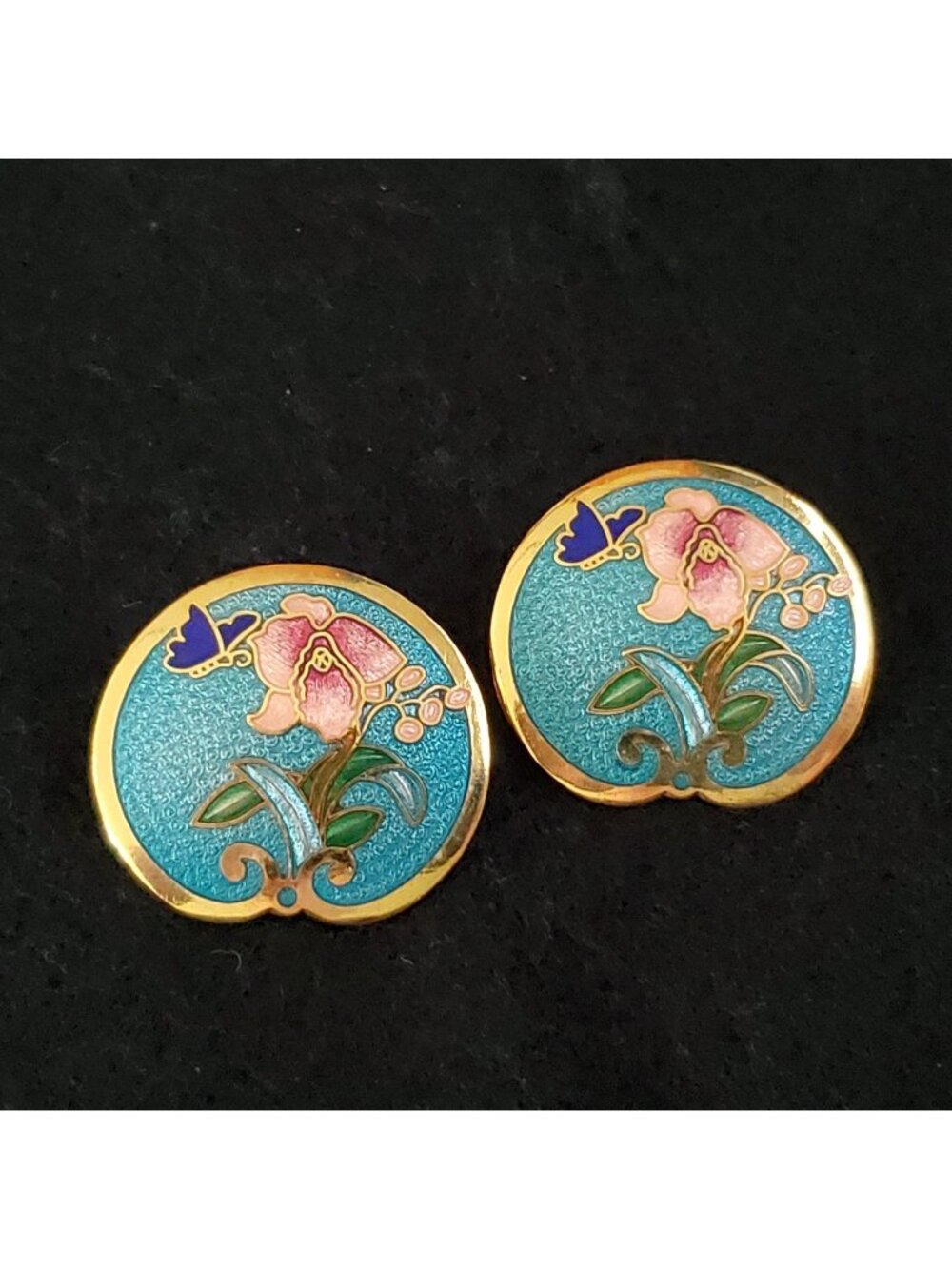 Vintage Floral Guilloche Enamel Earrings Blue Gold Tone Cloisonne Butterfly 1"